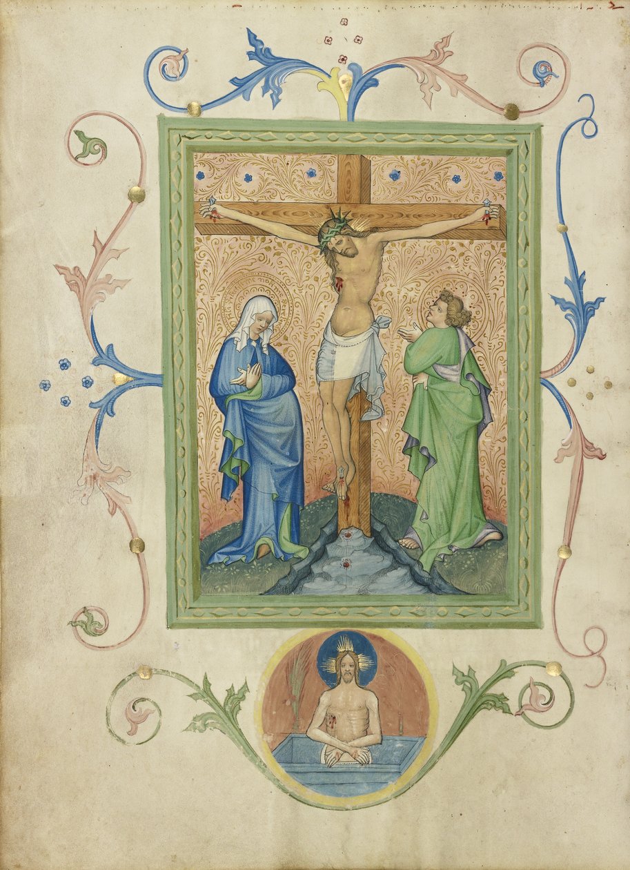 Ukřižování z misálu Collegium Ducale, cca 1420-30 (temperové barvy, plátkové zlato a inkoust na pergamenu) od Master of the Kremnitz Stadtbuch