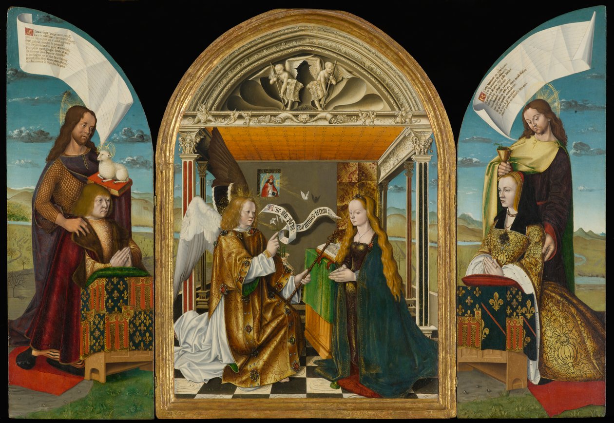 Zvěstování se svatými a dárci, zvané The Latour dAuvergne Triptych, kolem 1497 (tempera a olej na panelu) od Master of the Latour dAuvergne Triptych Master of the Latour dAuvergne Triptych