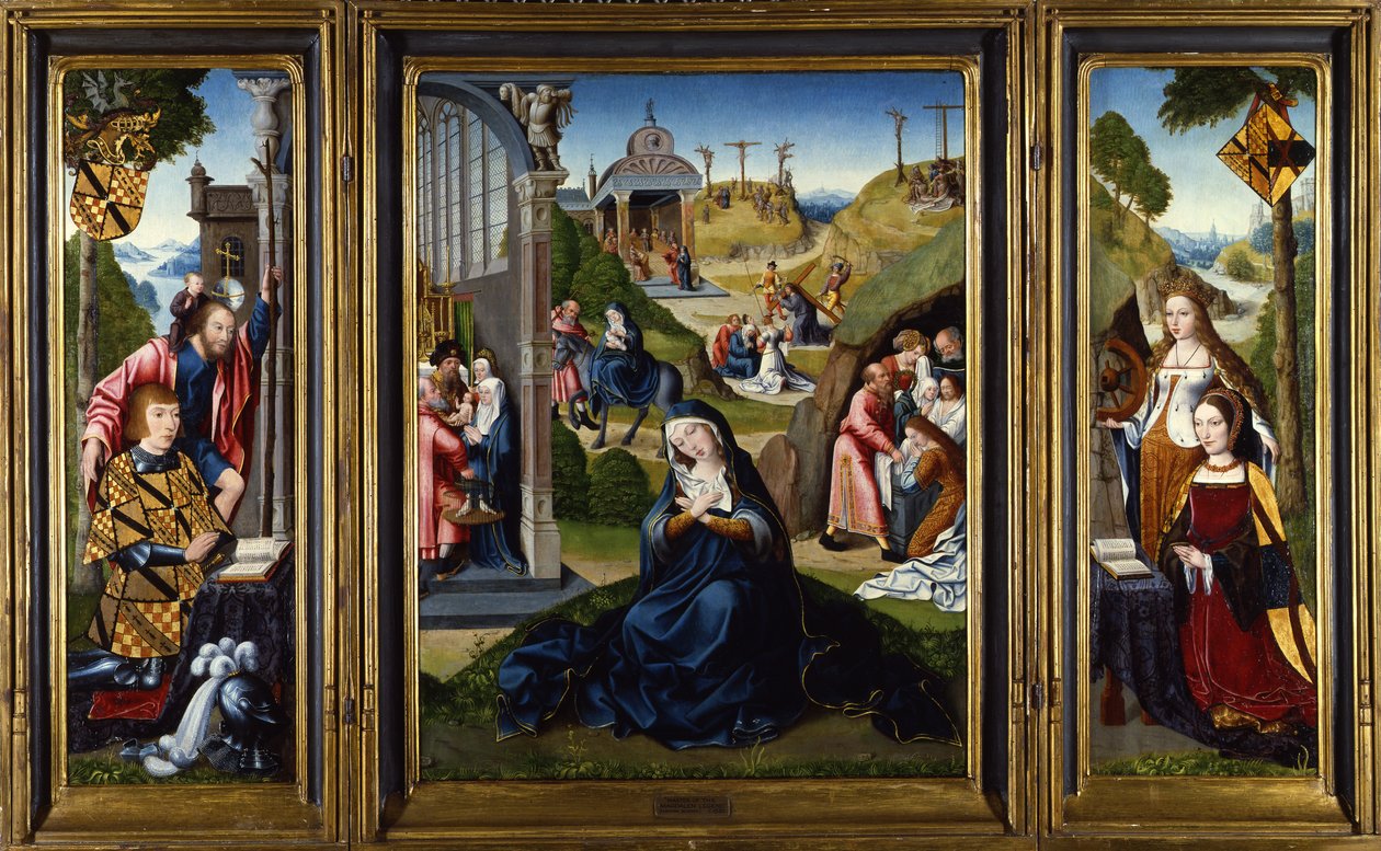Ashwellthorpe Triptych Sedmibolestné Marie, zobrazující výjevy ze života Panny Marie, s bočními panely zobrazujícími dva donátory s SS. Catherine a Christopher, kolem 1520 od Master of the Legend of the Magdalen