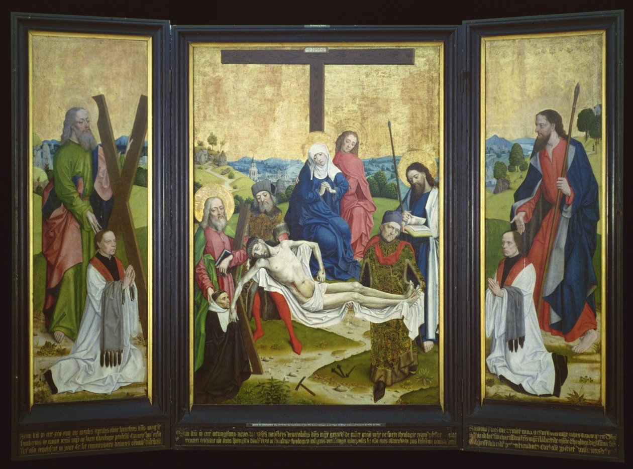 Oltářní obraz s pietou a donátory ve středovém panelu; Svatý Ondřej a sv. Jan na bočním panelu, kolem 1480-90 (dub) od Master of the Life of Virgin Mary