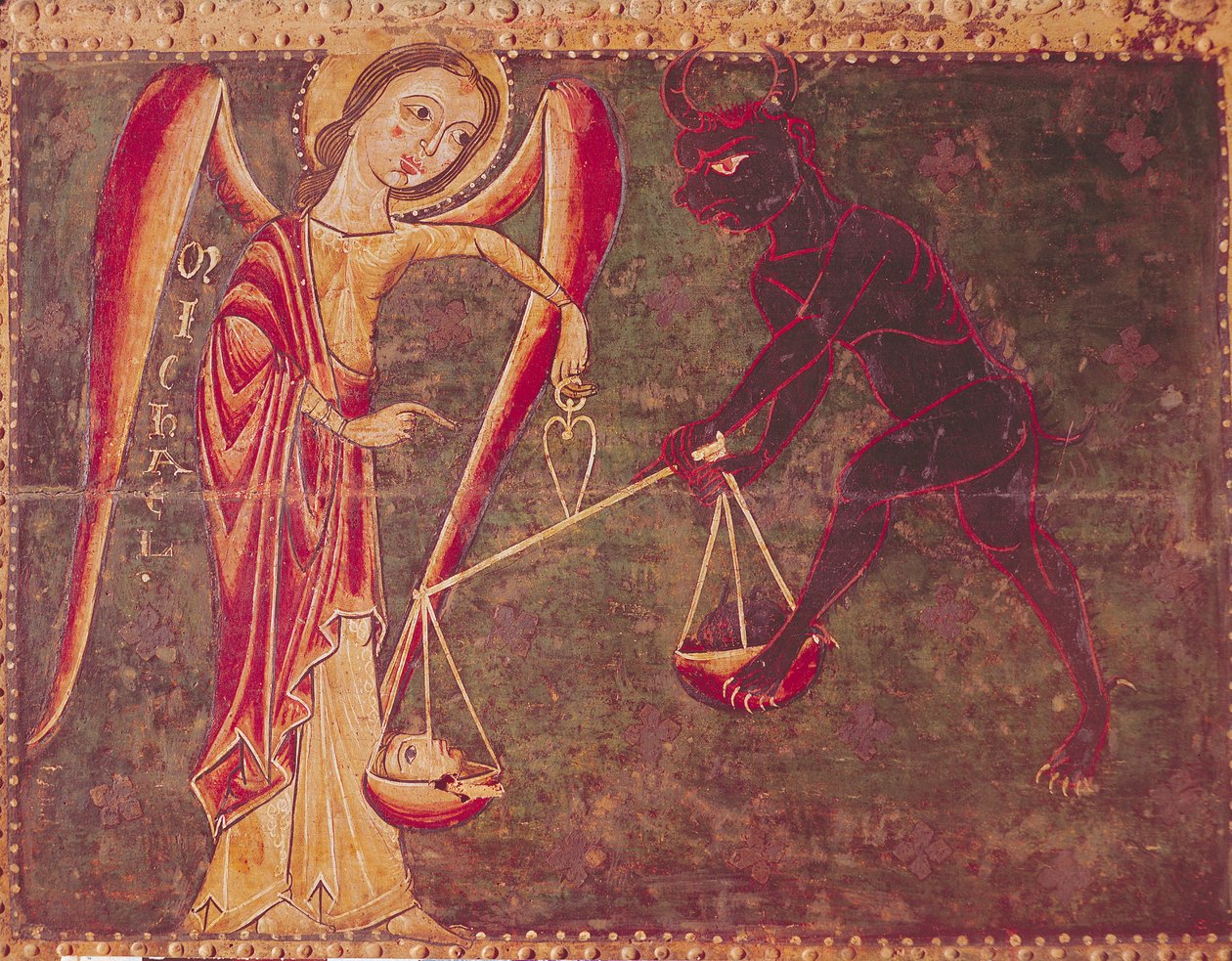 St. Michael Weighing Souls, z oltářního obrazu věnovaného archandělu Michaelovi, cca 1200 (tempera na panelu) od Master of the Llusanes