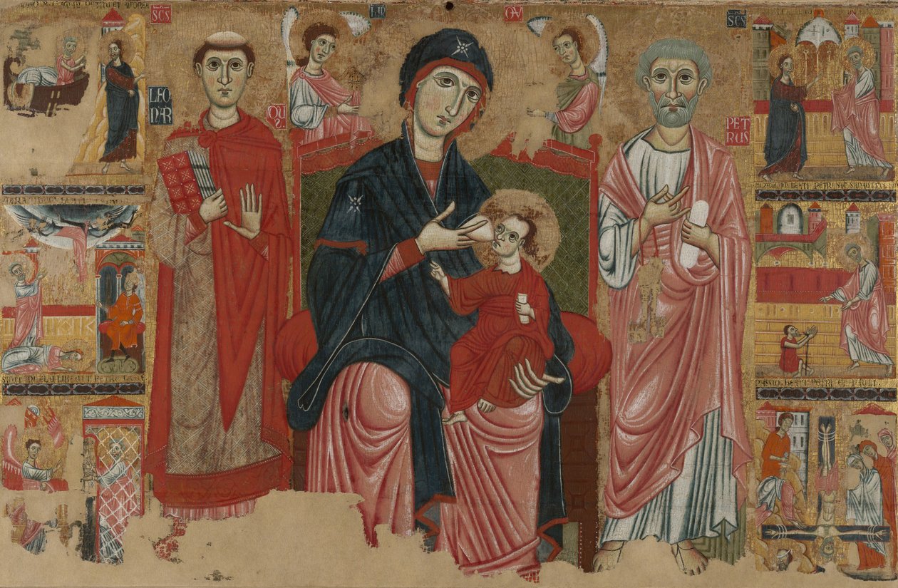 Panna s dítětem na trůně se svatými Leonardem a Petrem a výjevy ze života svatého Petra,rnc.1280 (tempera na desce) od Master of the Magdalen
