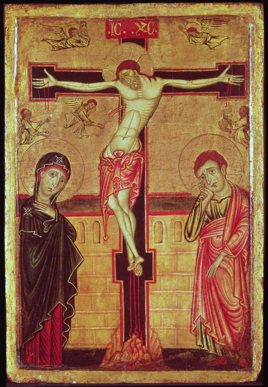 Kristus na kříži, s Pannou Marií, sv. Janem Evangelistou a pěti anděly (tempera na panelu) od Master of the Magdalene Altarpiece