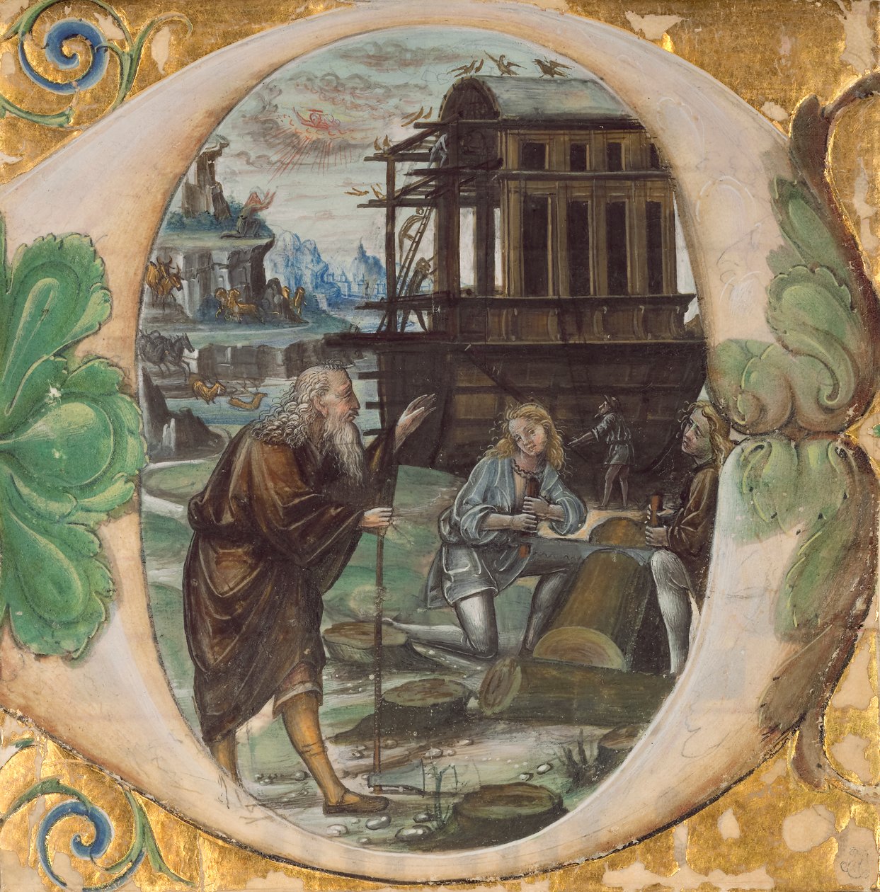 Iniciála D: Noah řídí stavbu archy, cca 1500 (tempera, plátkové zlato a inkoust na pergamenu) od Master of the Monogram B.F Master of the Monogram B.F