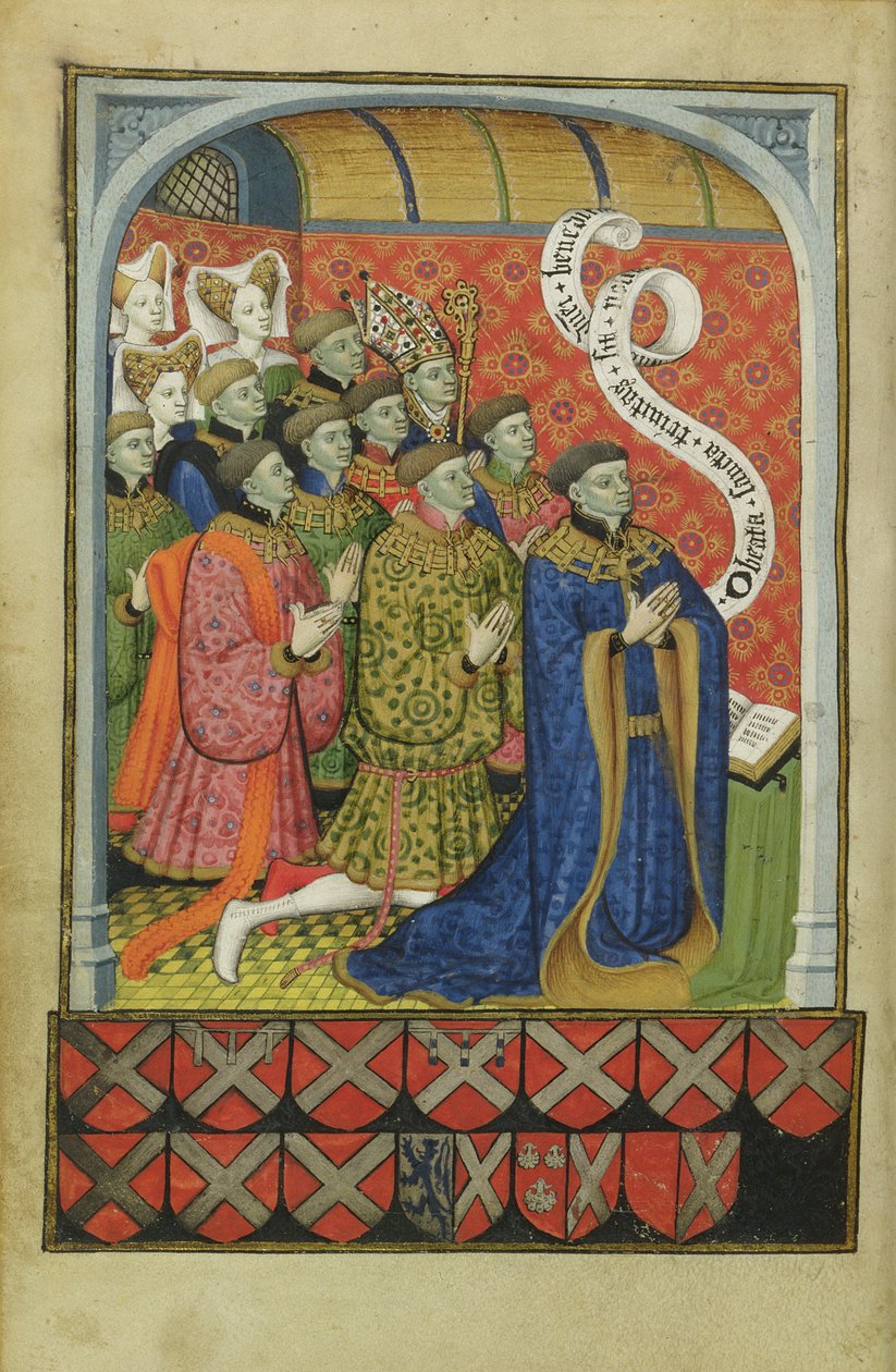 Lat 1158 f.27v Rodina Nevillů při modlitbě, z Nevillské knihy hodin, 1430-35 od Master of the Munich Golden Legend