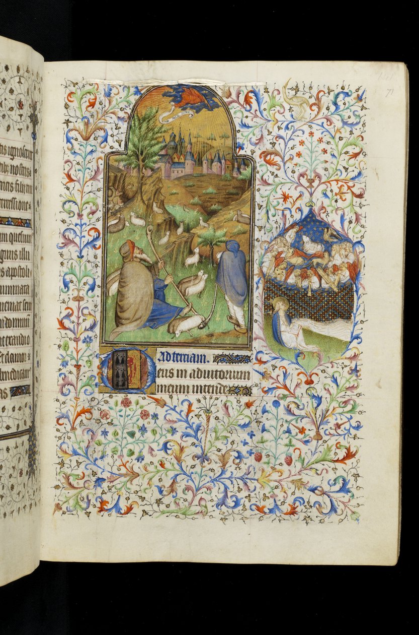 MS 62 f.71r Tierce of the Virgin: Anděl zjevující se pastýřům, z Knihy hodin od Master of the Rohan Hours