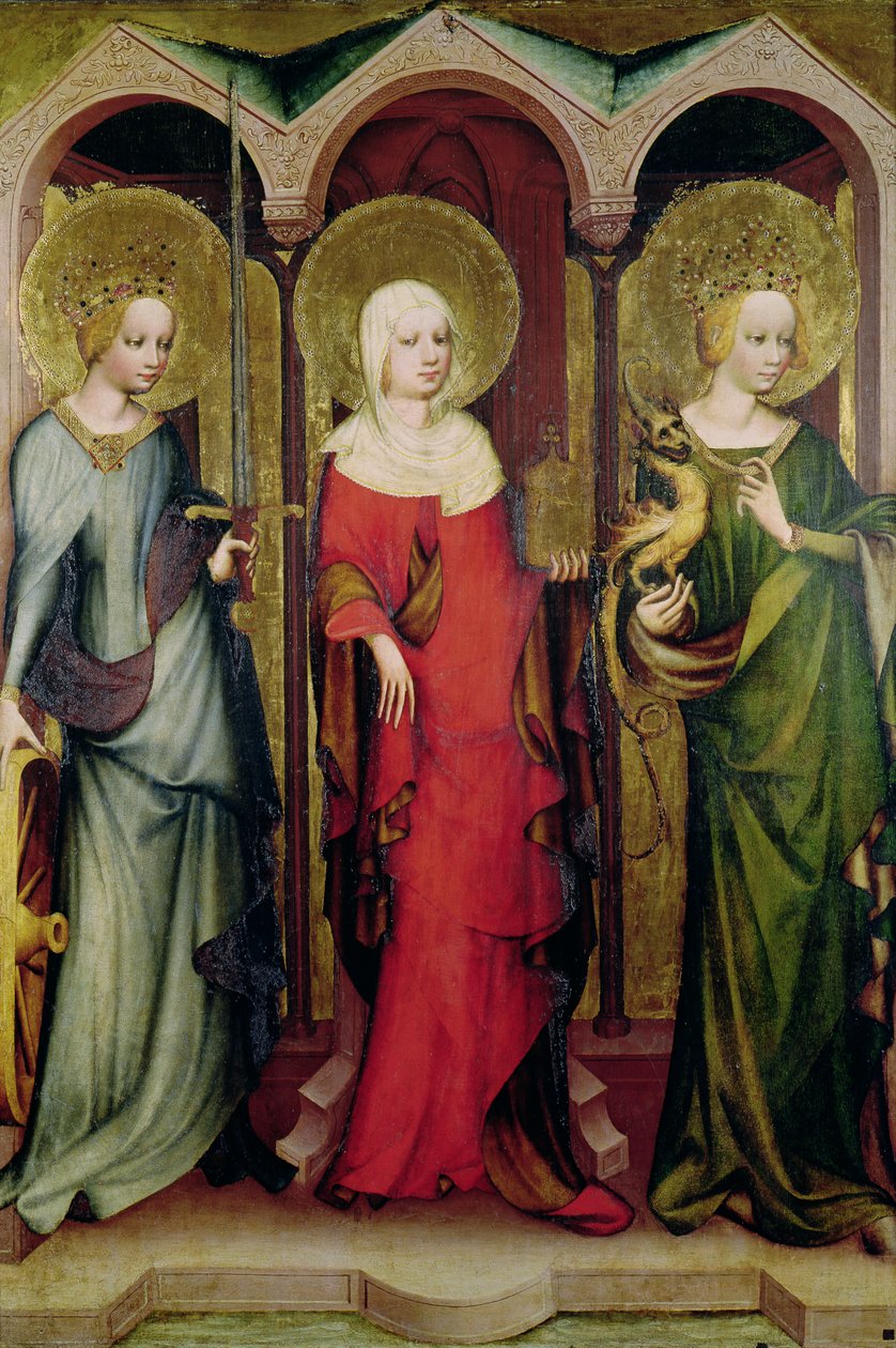 Svatá Kateřina Alexandrijská, sv. Máří Magdalena a sv. Markéta Antiochijská, kolem roku 1380 (tempera na panelu) od Master of the Trebon Altarpiece