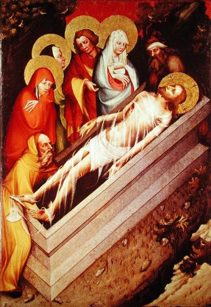Pohřební hrob, detail z třeboňského oltáře od Master of the Trebon Altarpiece