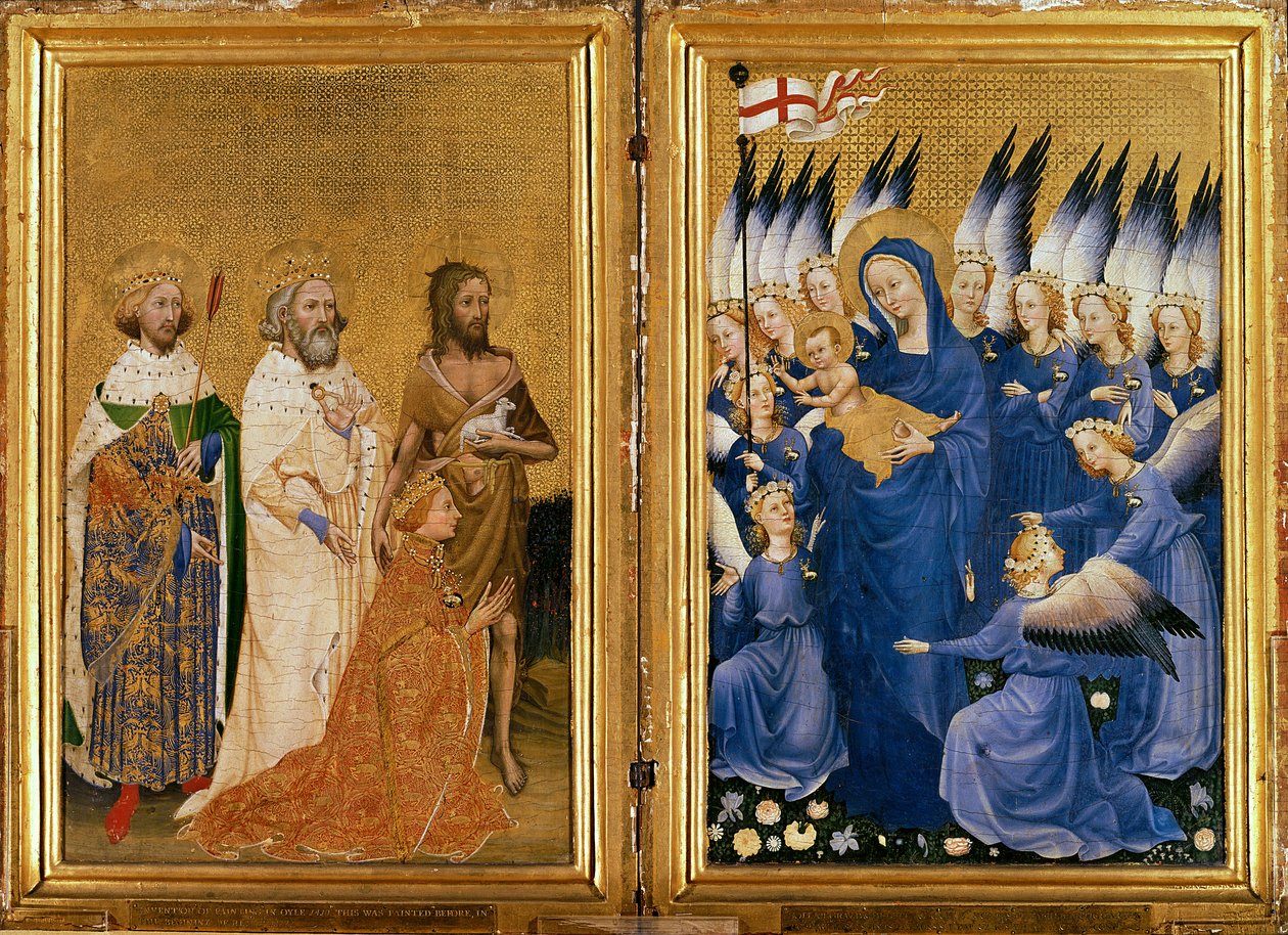 Richard II. Představený Panně a Dítěti jeho patronem Janem Křtitelem a svatými Edwardem a Edmundem, kolem 1395-99 (vaječná tempera na dubu) od Master of the Wilton Diptych