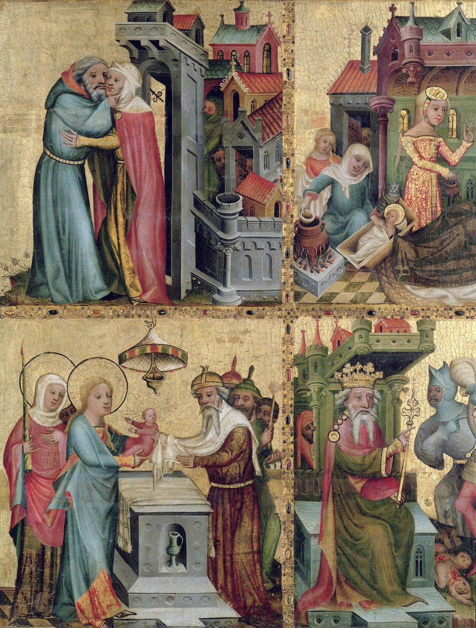 Setkání u Zlaté brány a prezentace v chrámu, od Buxtehudského oltáře, 1400-10 (tempera na panelu) od Master Bertram of Minden