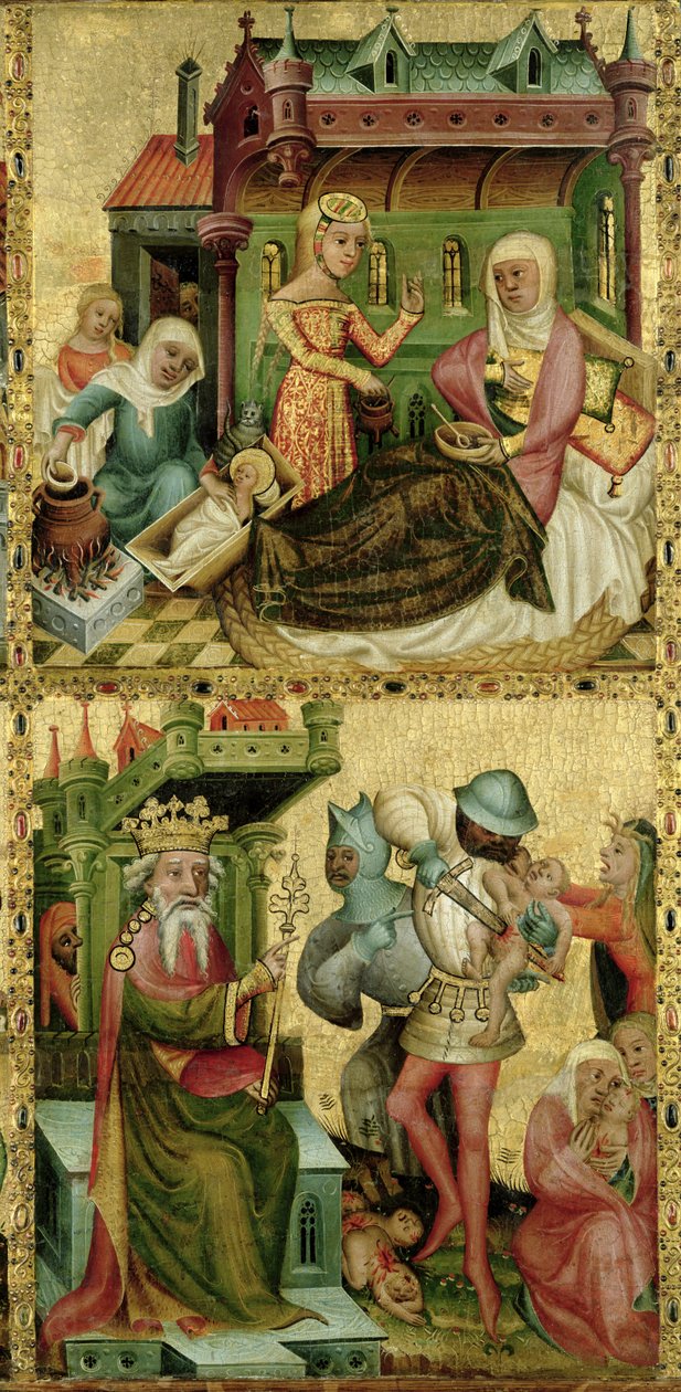 Narození Panny Marie a masakr neviňátek, z Buxtehudského oltáře, 1400-10 (tempera na panelu) od Master Bertram of Minden
