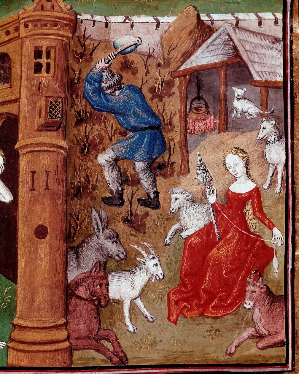 Znázornění Adama sbírajícího zemi a Evy, která spřádá vlnu poté, co byla lovena z pozemského ráje. Miniatura převzatá z „Des cas des nobles hommes et femmes infotunes““ (De casibus) od Giovanniho Boccaccia dit Jean Boccace (1313-1375), Itali od Master Dunois