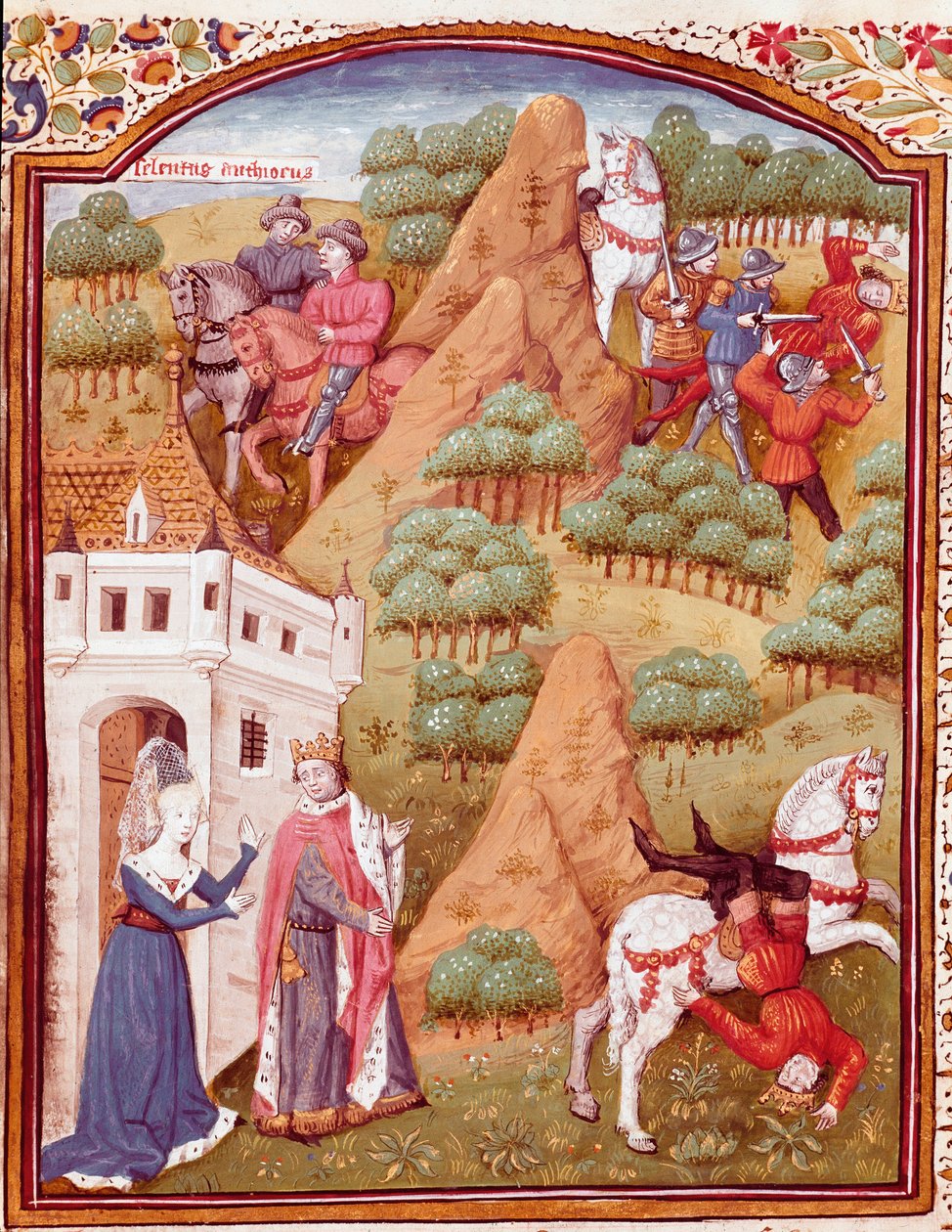 Seleucus (Seleucus) I. Nikator a jeho otec Antiochos (Antiochus), král Asie a Sýrie. Miniatura převzatá z „Případů urozených mužů a nešťastných žen“ (De casibus) od Giovanniho Boccaccia řekl Jean Bo od Master Dunois
