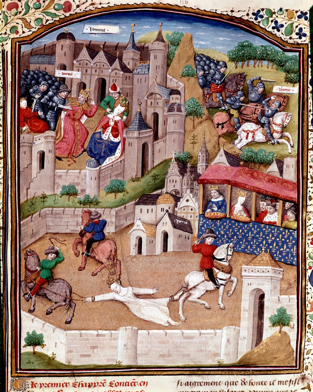 Muka Brunehauta Merovejská královna Brunehilda (543-613) je odstraněna třemi koňmi na příkaz krále Clotaire (Clothaire) Boccaccia ( od Master Dunois