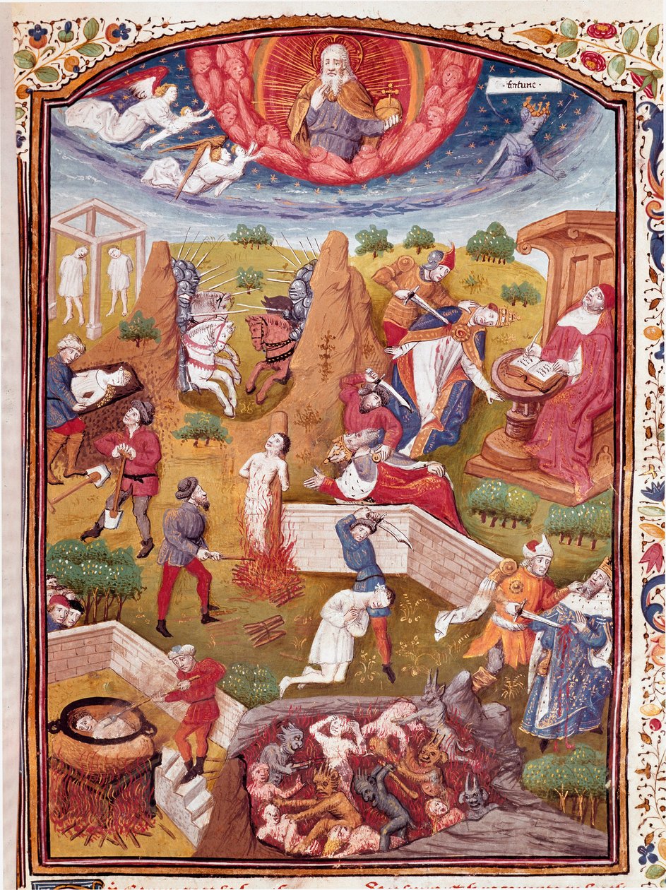 Boccaceho vize: scéna mučení, oběšení, masakr Miniatura převzatá z knihy "Případy neštěstí urozených mužů a žen" (De casibus) od Giovanniho Boccaccia dit Jeana Boccaceho (1313-1375), italského spisovatele, přeložil Laurent de Premierfait a enlumine t od Master Dunois