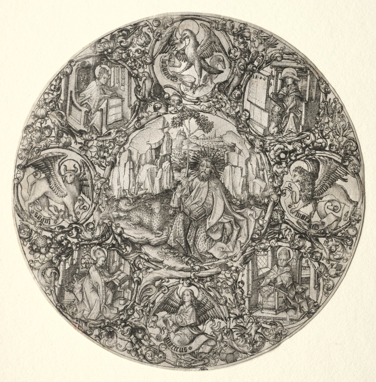 Svatý Jan Křtitel, obklopený evangelisty a čtyřmi otci latinské církve, 1466. od Master E. S.