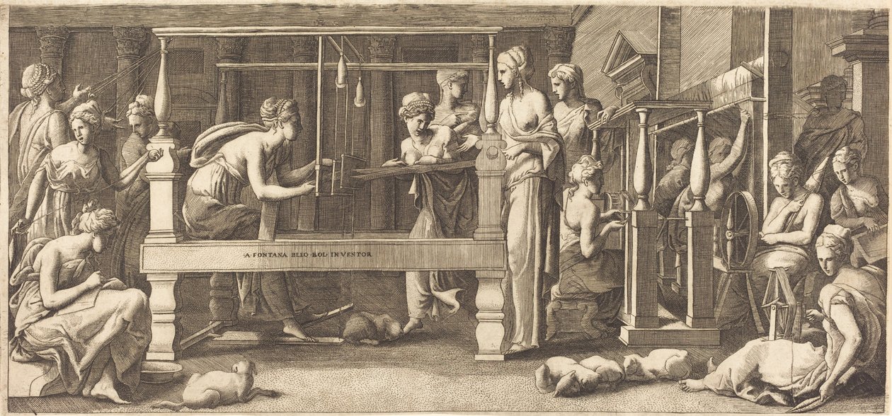Penelope a její služebné tkaní od Master FG, after Francesco Primaticcio