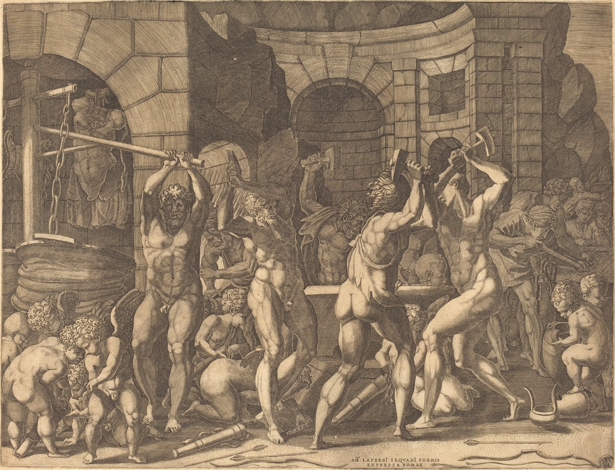 Vulcan a Cyclopes Forging Arrows od Master FG, after Francesco Primaticcio
