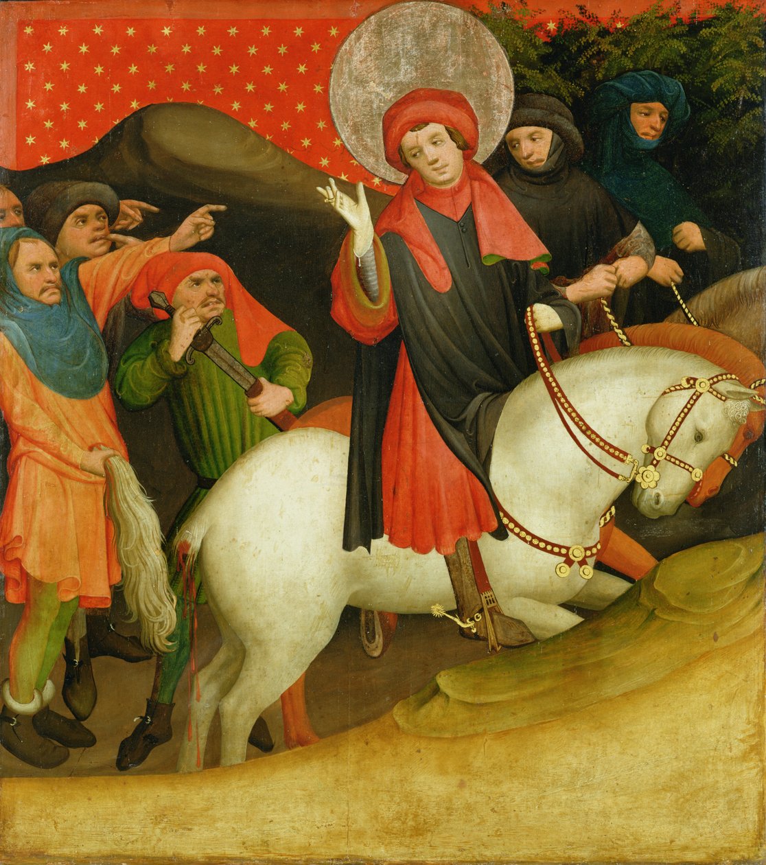 Posmívání sv. Tomáše, deska z oltáře sv. Tomáše z kostela sv. Jana v Hamburku, započaté v roce 1424 (tempera a olej na desce) od Master Francke