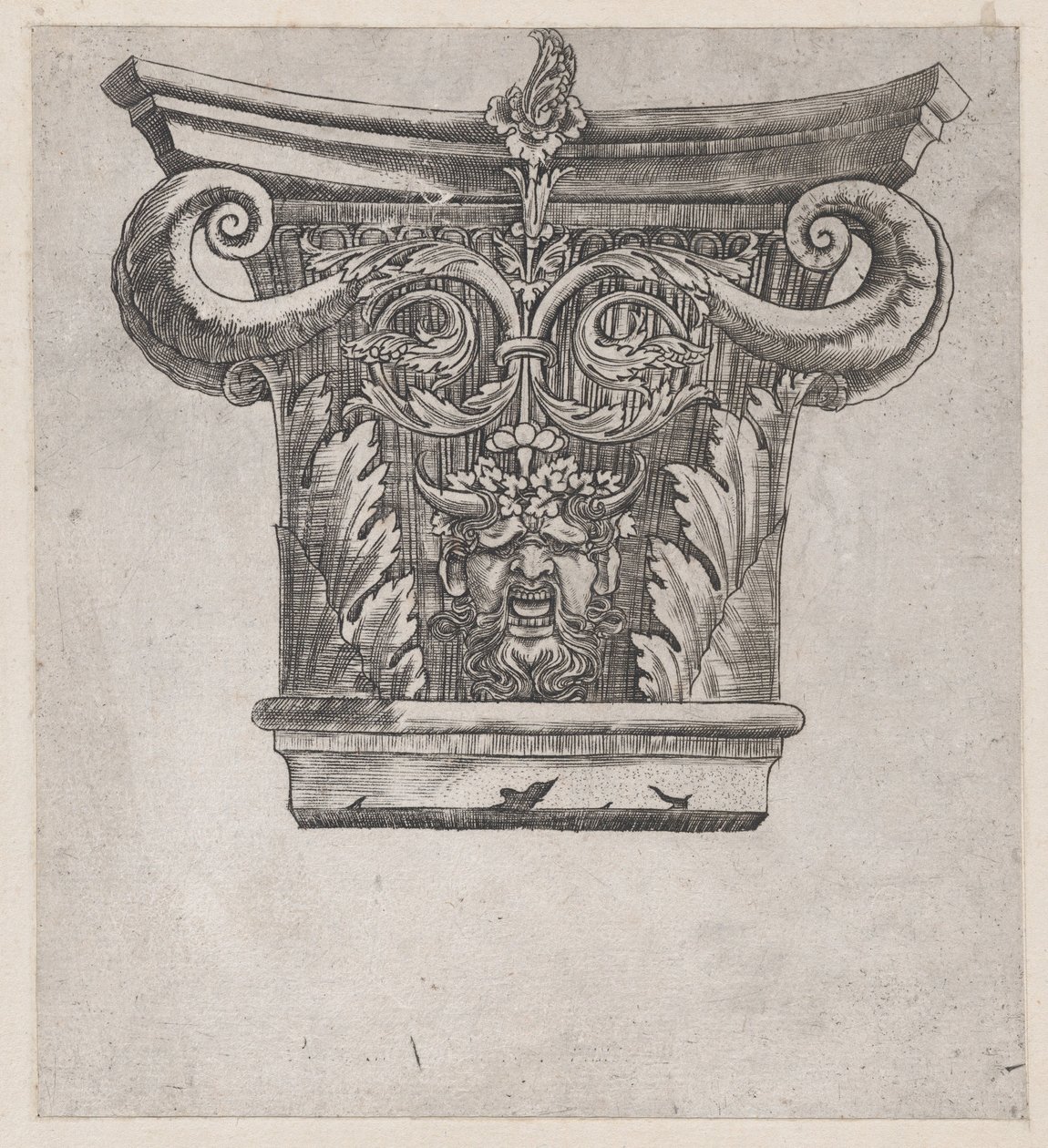 Římské zrcadlo velkoleposti: Kapitál s hrachovými volutami a hlavou satyra, ca. 1537, ca. 1537 od Master GA
