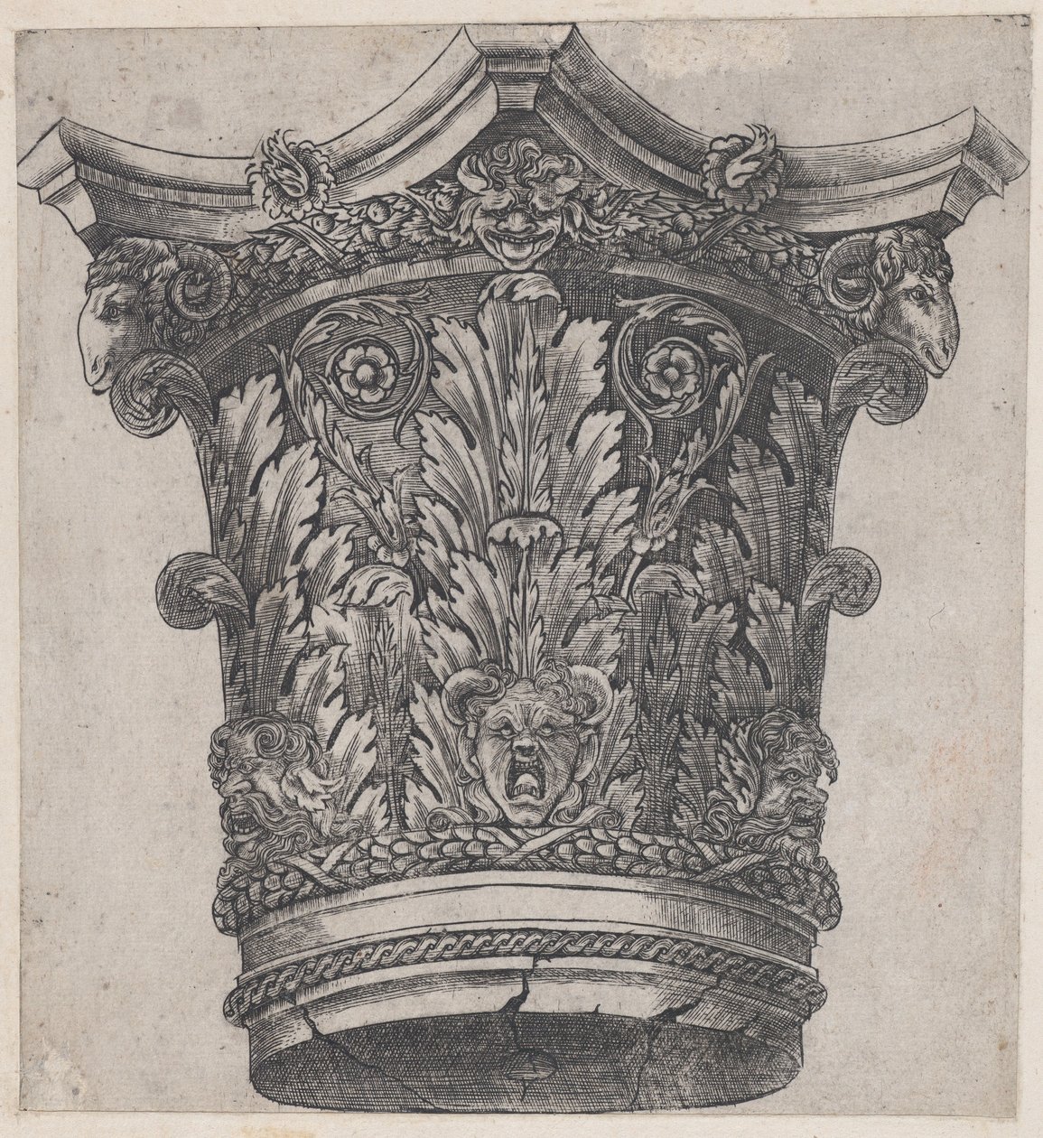 Zrcadlo římské velkoleposti: Kapitál s beraními hlavami a maskami, ca. 1537, ca. 1537 od Master GA