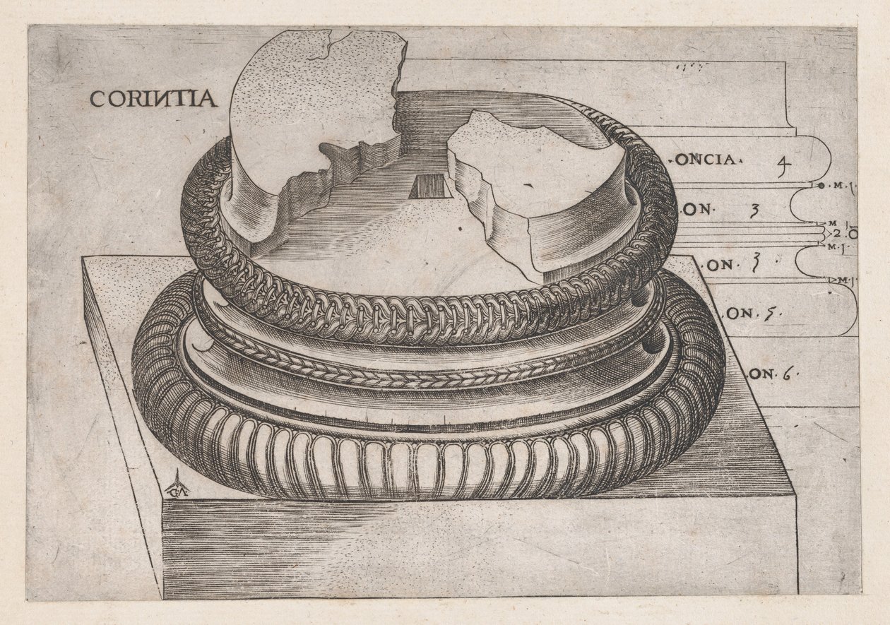 The Roman Mirror Magnificence: Corinthian base from Temple of Mars Avenger, Rome, ..., ca. 1537 od Master GA