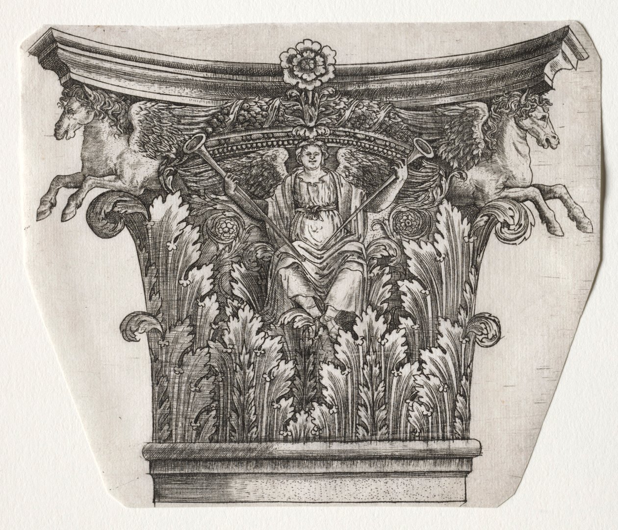 Základna a hlavní město s figurou slávy a kapitálem okřídlených koní, c. 1525-1550. od Master G. A. with the man