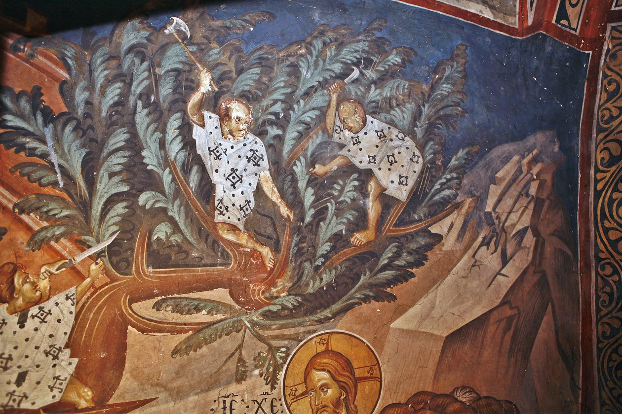 Vjezd Krista do Jeruzaléma. Detail: Děti řezající větve palmy, 14. století od Master Gerasime