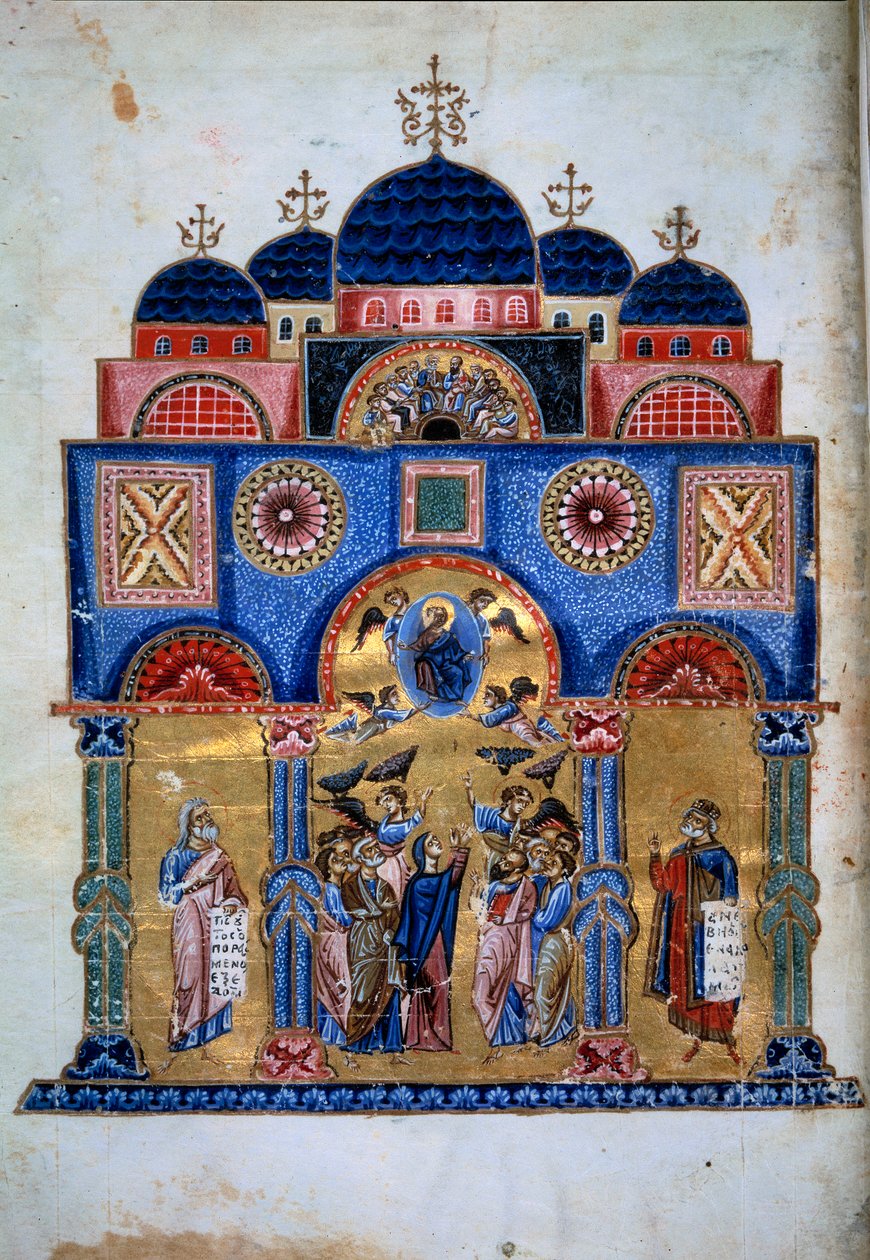 Nanebevstoupení Krista. Řecký rukopis „Homelies to the Virgin“ (Folio 3v) od Jacquese de Kokkinobaphos od Master Kokkinobaphos