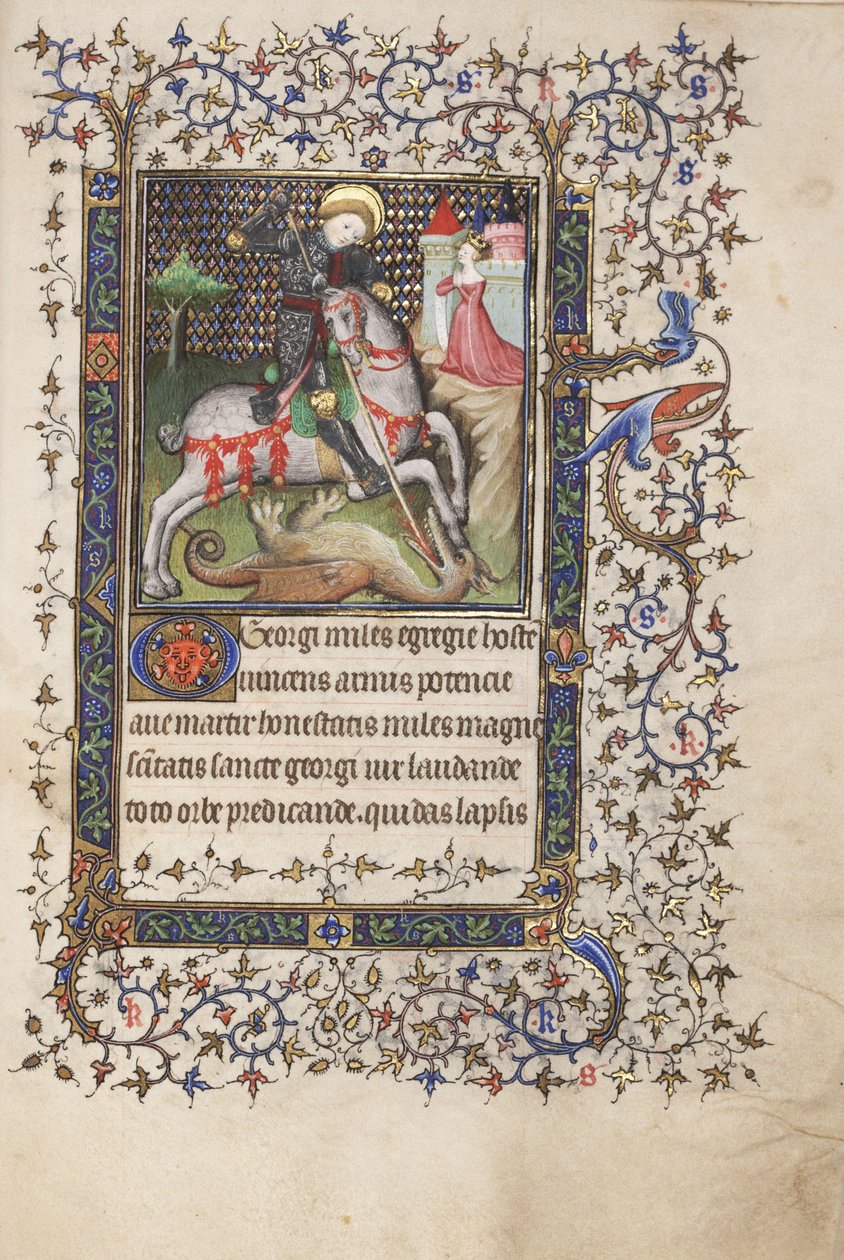 MS Widener 4 f.188r, St. George Fighting the Dragon, z Knihy hodin, použití Rennes, c.1405 (pero a inkoust a tempera na pergamenu) od Master Lucon