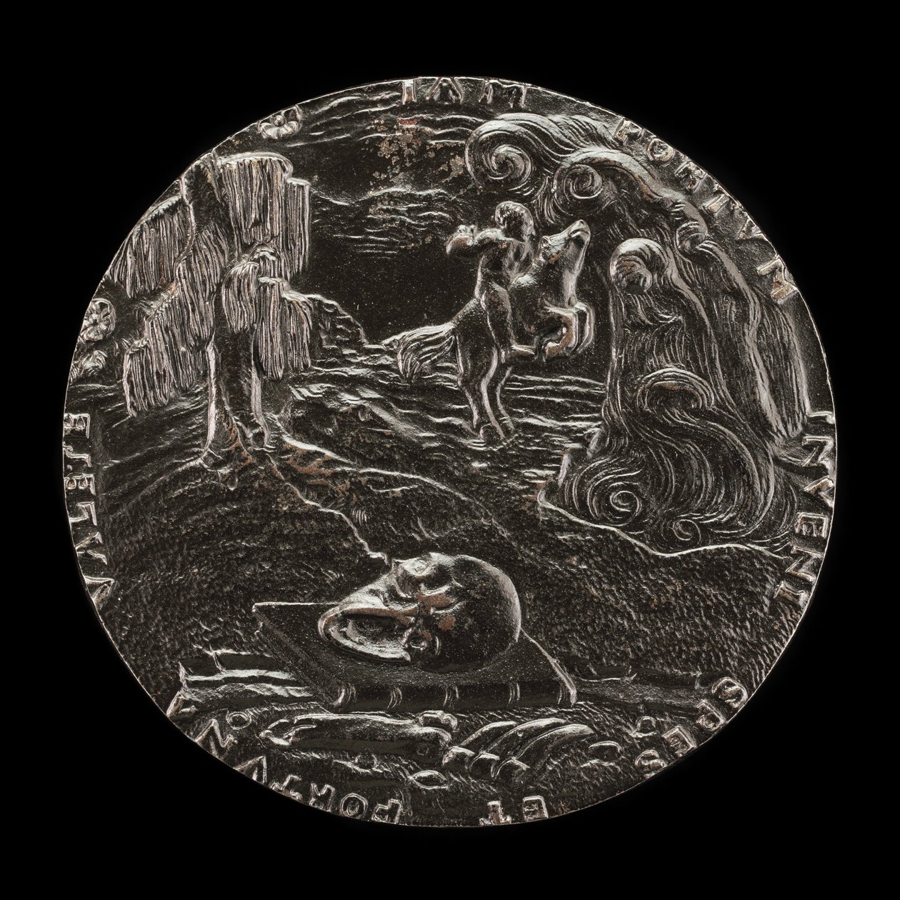 Kniha, lebka, kosti a jezdec v krajině [reverse], 1526. od Master M.P.