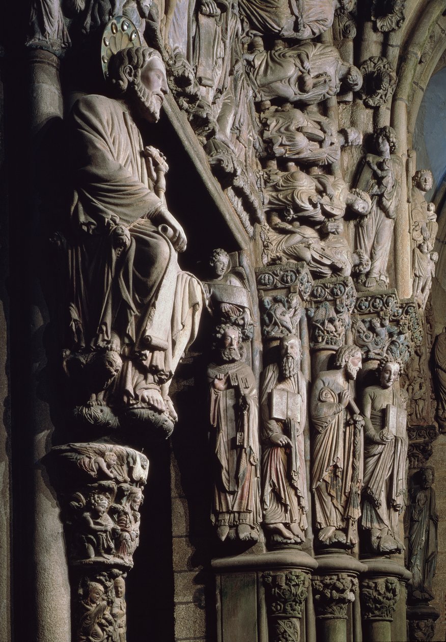 Detail Portico de la Gloria zobrazující svatého Jakuba, kámen z 12. století od Master Mateo