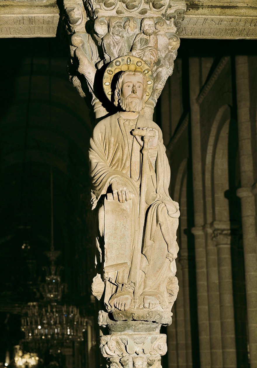 Sloupek s postavou svatého Jakuba, Pórtico de la Gloria, Cathedrale Santiago de Compostela od Master Mateo