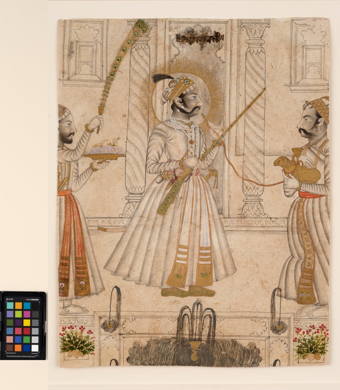 Maharana Amar Singh II kouří vodní dýmku ve tvaru ovce, cca 1705 (neprůhledný akvarel a zlato na papíře) od Master Stipple
