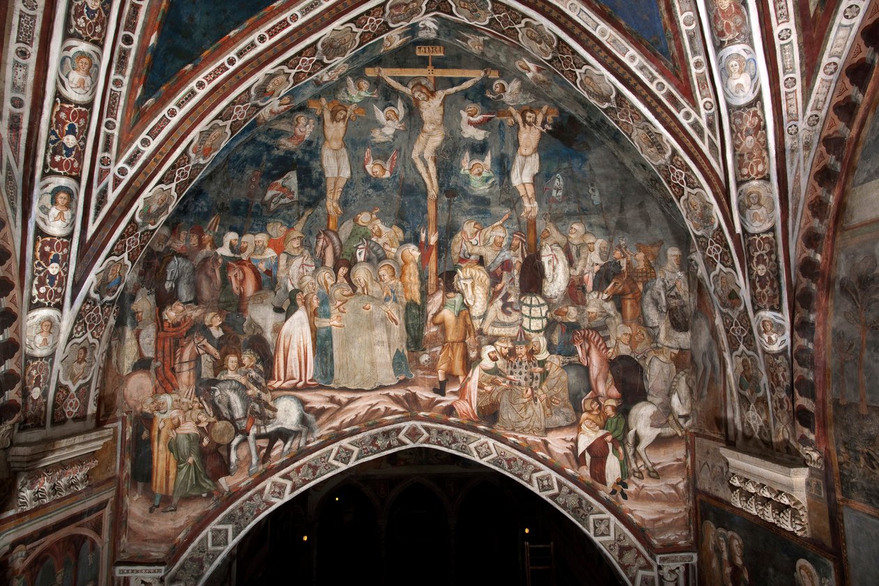 Freska ukřižování Mistra Sacro Speco. 14. století. Vyšší církev. Klášter Saint Benedetto (Sacro Speco), Subiaco (Řím), Itálie od Master Trecentesco of Sacro Speco School