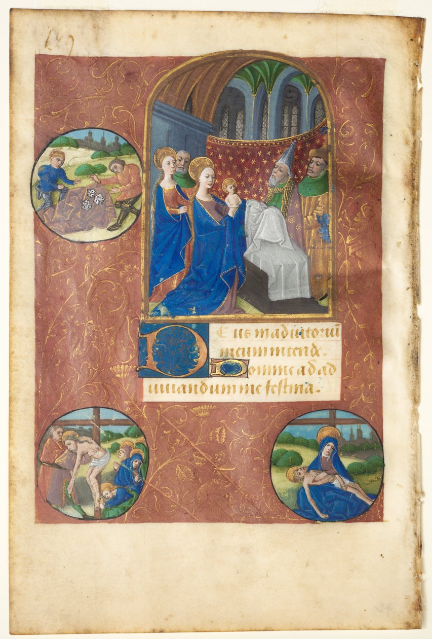 List z knihy hodin: Prezentace v chrámu s rondely lití lotů..., c1460 od Master of Adélaïde de Savoie