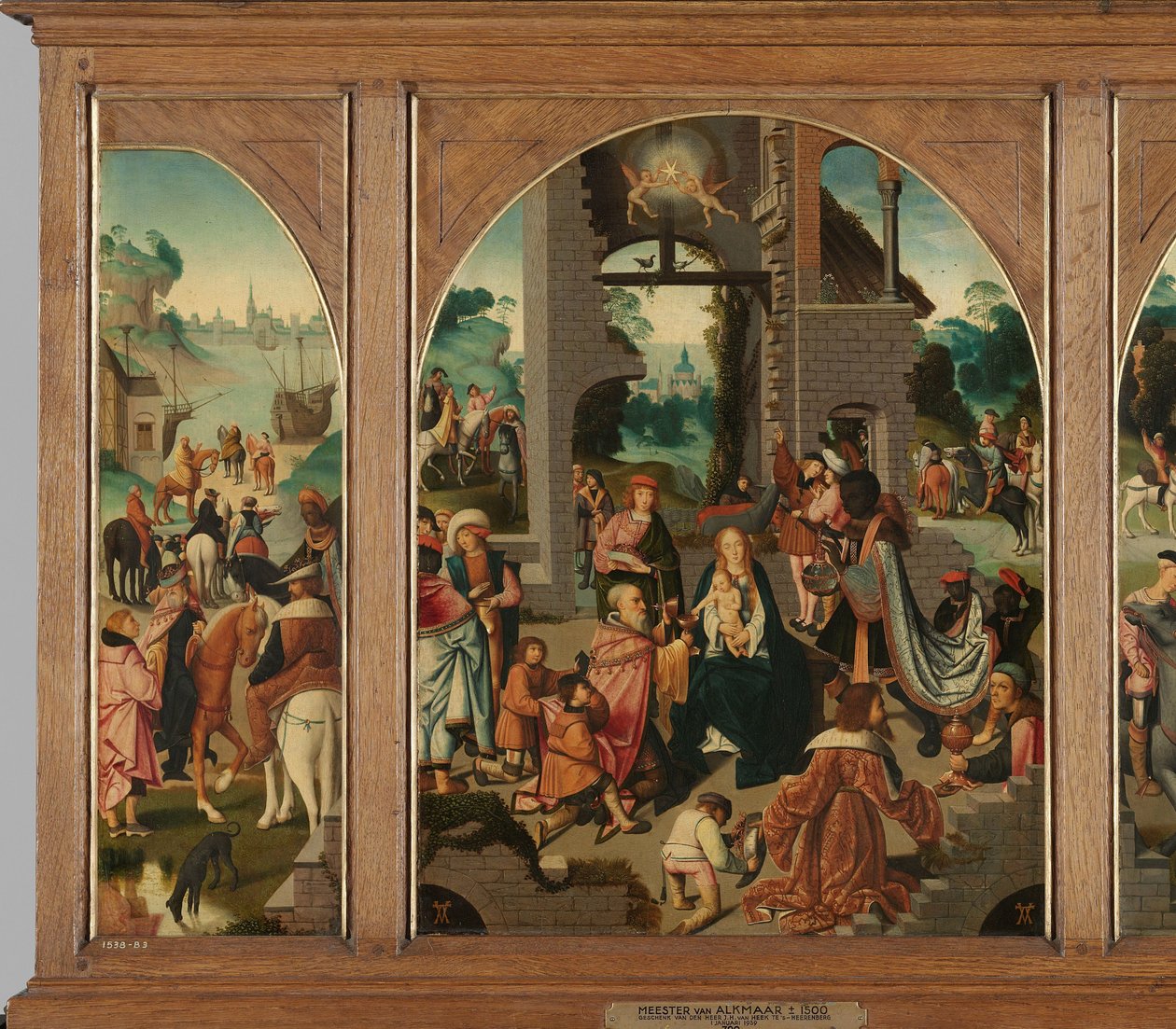 Triptych s Klaněním tří králů (uprostřed a vnitřní křídla), opatem svatého Antona (vlevo, vnější křídlo) a svatým Adrianem (vpravo, vnější křídlo) od Master of Alkmaar (attributed to)