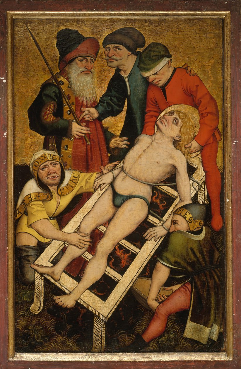 Umučení svatého Vavřince, reverzní Dávání pití žíznivým. od Master of Alkmaar