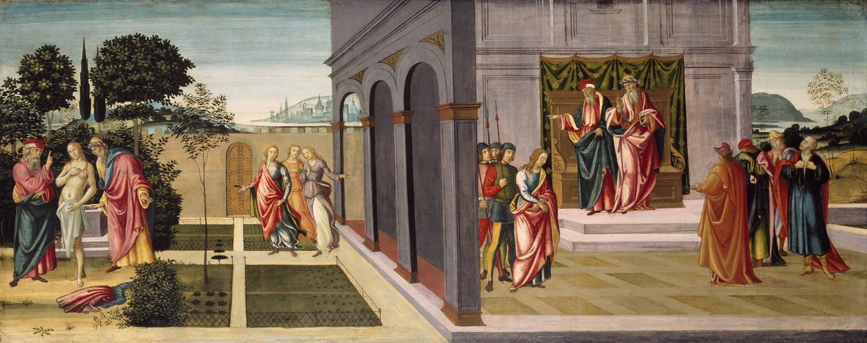 Susanna a starší v zahradě a soud se Susannou před staršími, kolem roku 1500 od Master of Apollo and Daphne