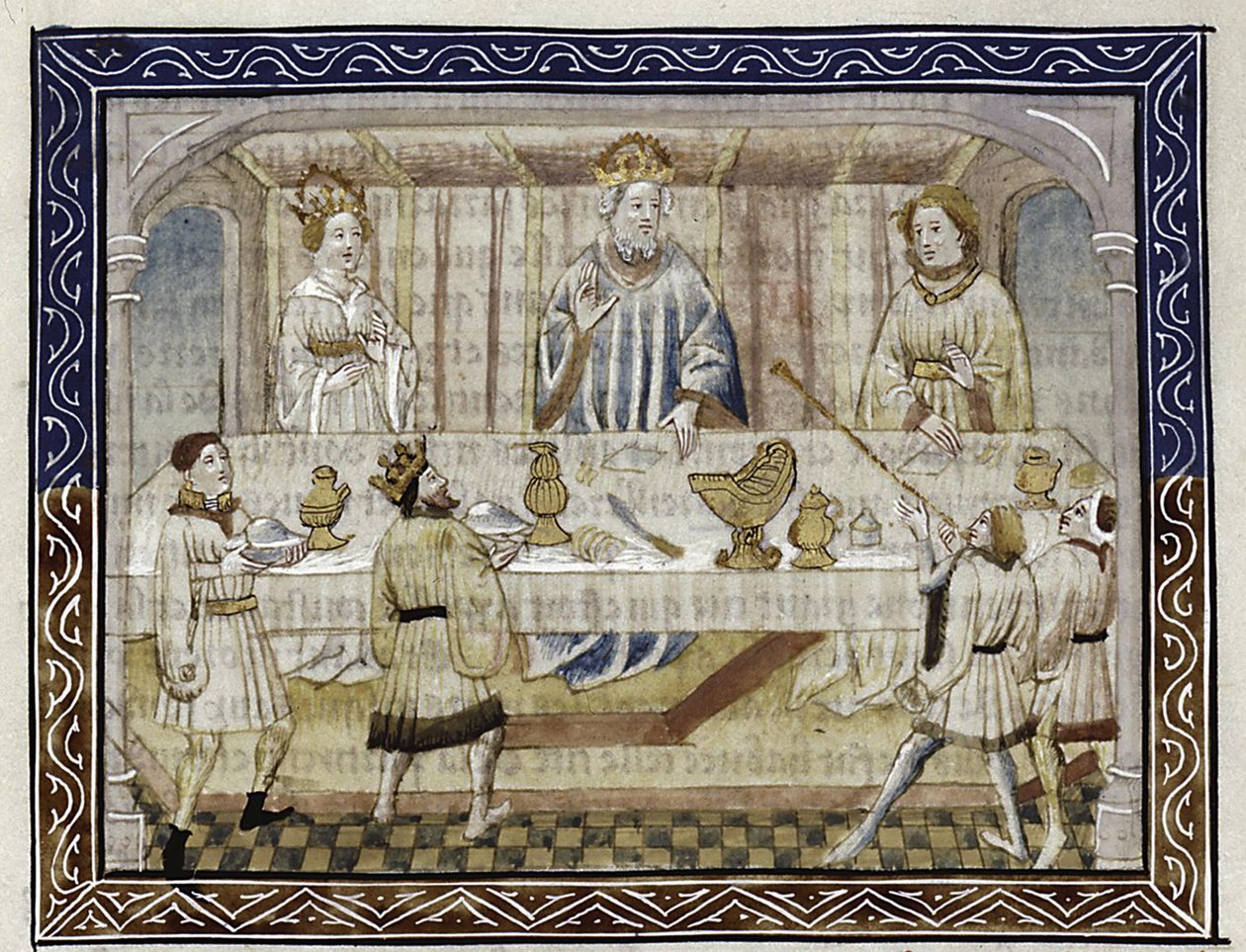 Caesar Augustus, jeho žena a syn u stolu Od: Jean Hayton, Květ příběhů ze země Orientu, kolem roku 1410 od Master of Berry Apocalypse
