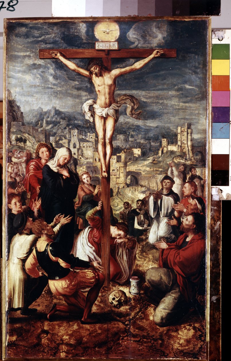 Kalvárie (Kalvárie). Modlitba kolem ukřižovaného Krista s městem Jeruzalém v pozadí. Nápis „I.N.R.I.“ (INRI) na kříži a nad holubicí Ducha svatého. Mezi postavami zastoupenými kolem Ježíše Krista: Panna Maria, sv od Master of Brunswick