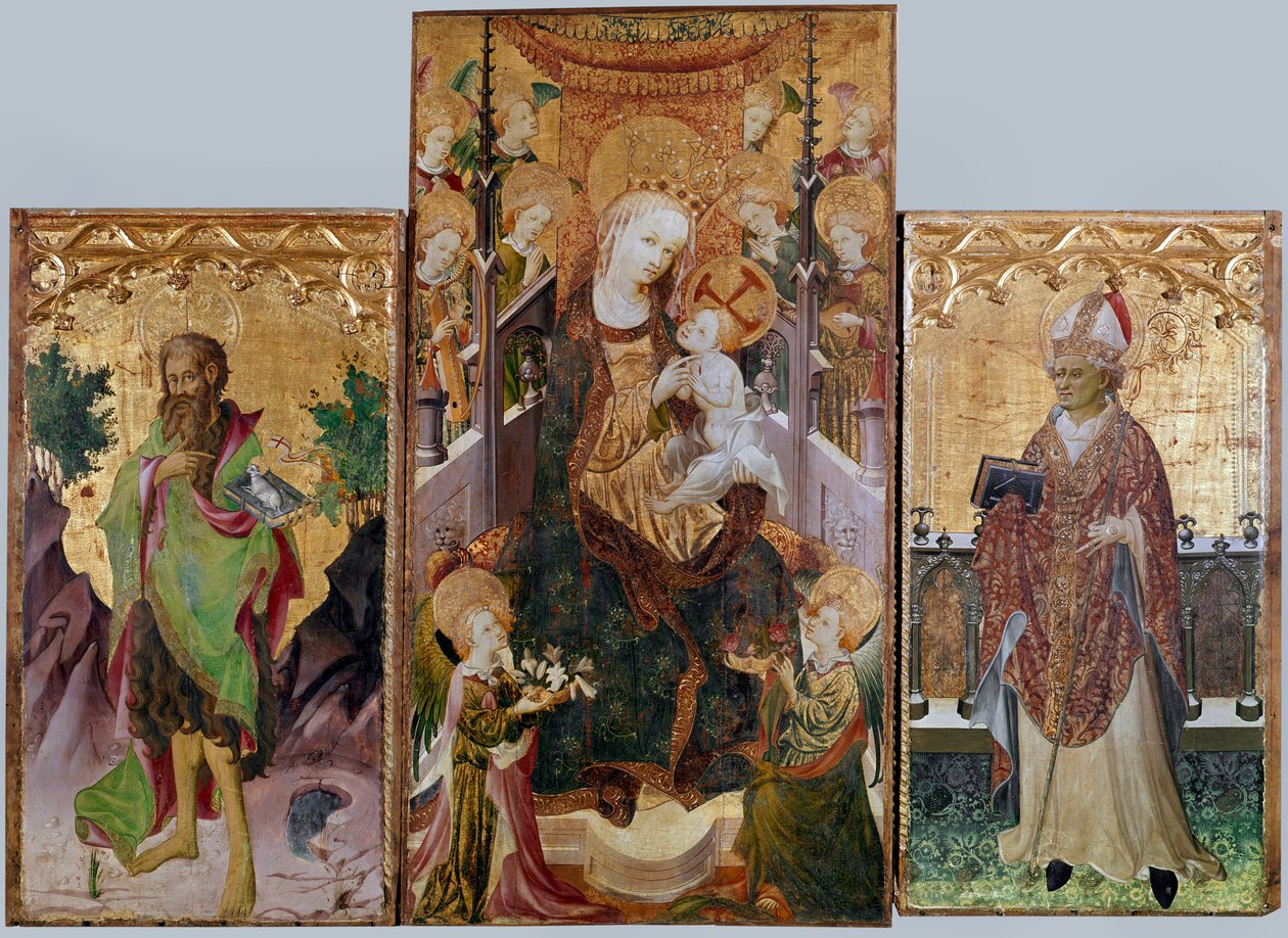 Panna s dítětem, sv. Jan Křtitel a sv. Ambrož - třípanelový oltářní obraz, kolem 1430 od Master of Burgo de Osma
