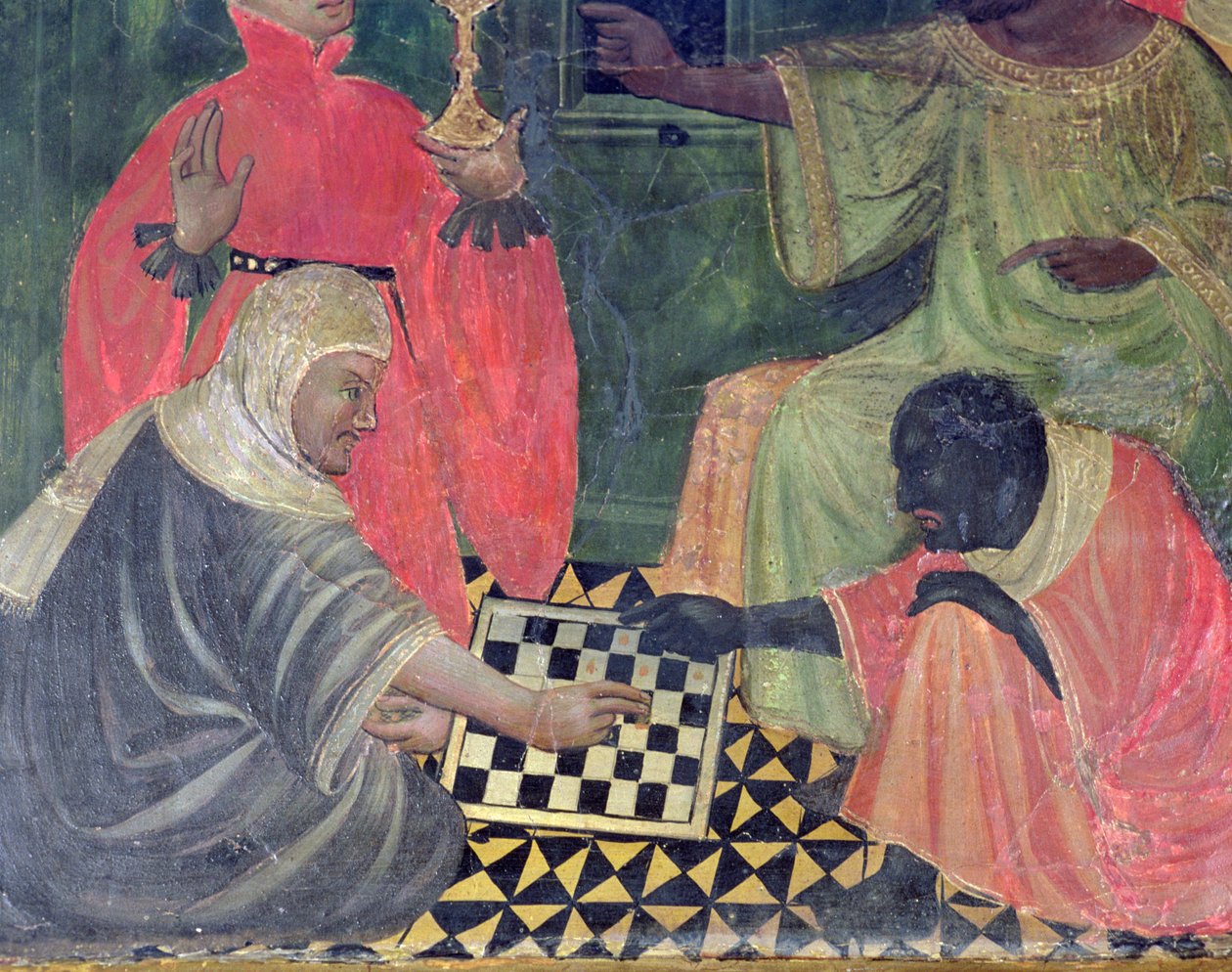 Maur a křesťan hrající šachy, z oltářního obrazu SS Nicholas, Claire a Anthony Abbot (tempera na panelu) od Master of Castellitx