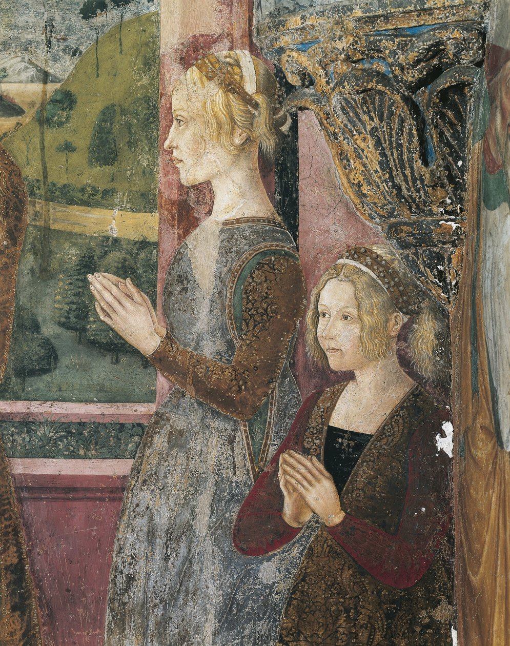 Itálie, region Piemont, provincie Alessandria, Serralunga di Crea, Sacro Monte di Crea, svatyně Santa Maria Assunta, kaple svaté Markéty Antiochijské, freska zobrazující Paleologa a Bernarda di Bosse od Master of Crea
