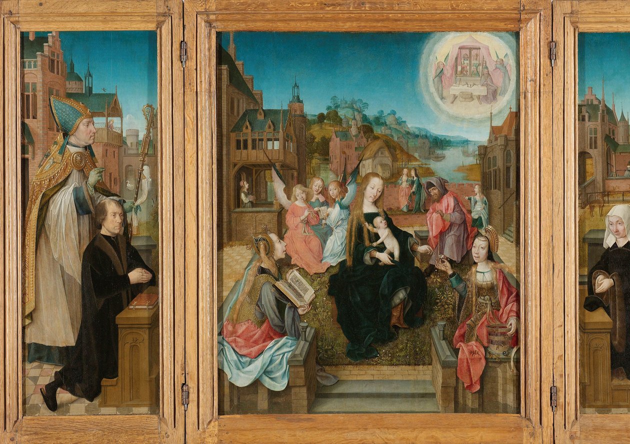 Triptych s Pannou a dítětem se svatými (uprostřed), muž dárce se svatým Martinem (vlevo, vnitřní křídlo), ženský dárce se svatým Cunerou (vpravo, vnitřní křídlo) a zvěstování (vnější křídla) od Master of Delft