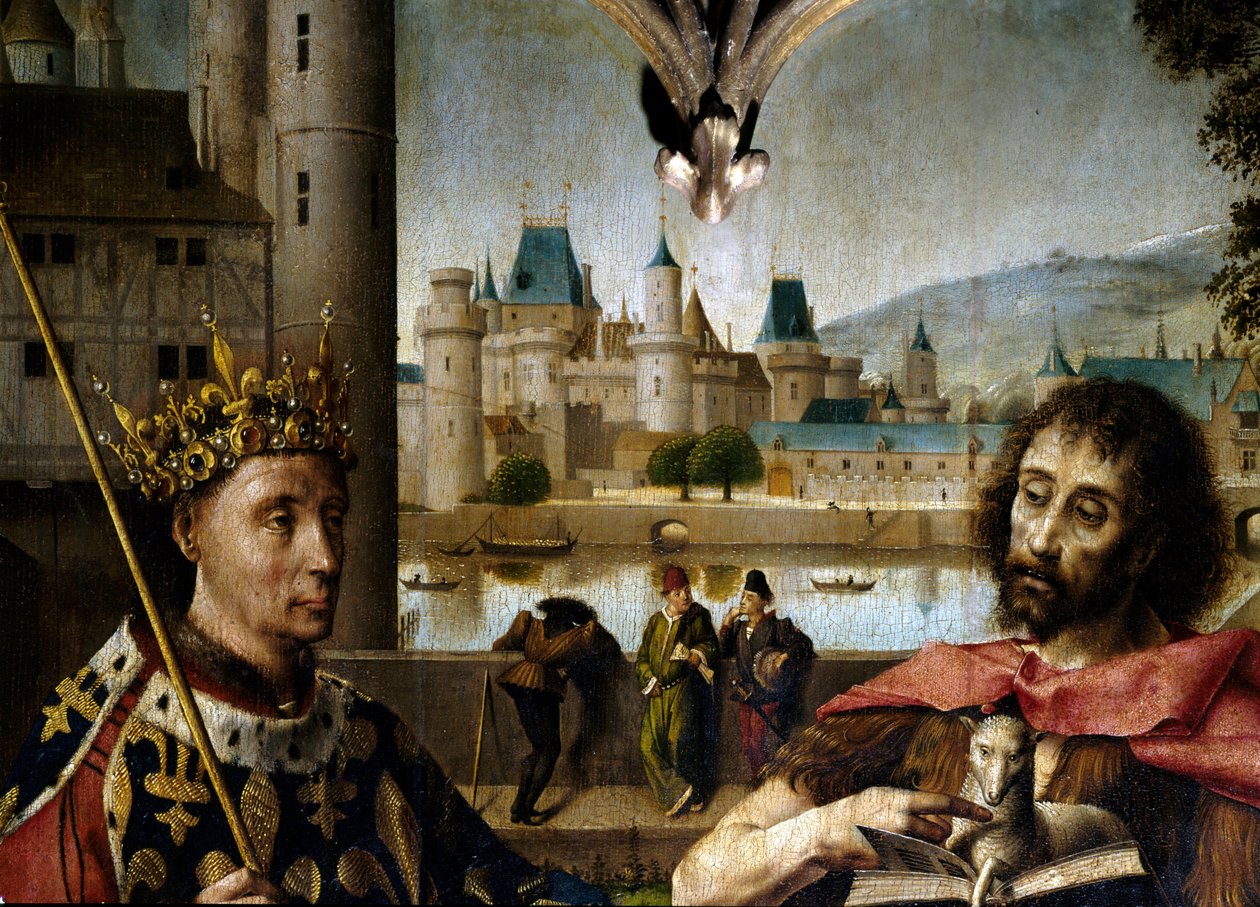 Ukřižování Kristus na kříži obklopen svatým Janem Křtitelem, svatým Denisem, Karlem I. Velikým (Karel Veliký), Ludvíkem IX. (Svatý Ludvík), Sainte Madeleine, Sainte Marthe - Detail představující svatého Ludvíka a svatého Jana Křtitele - Oltářní obraz P od Master of Dreux Bude (active c.1425 d.1450)