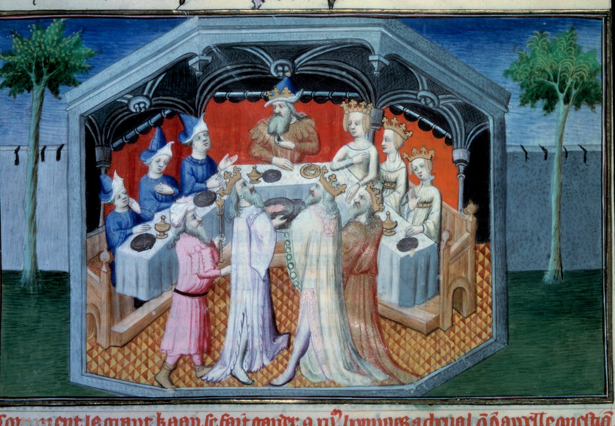 Bratři Nicolo a Matteo Polo, otec a strýc mladého Marca Pola (1254-1324) byli přijati na dvoře Qubilai (Kubilajchán, první císař mongolské dynastie Yuan (1215-1294), mongolský císař v roce 1271). Miniatura převzata z „“ The od Master of Egerton