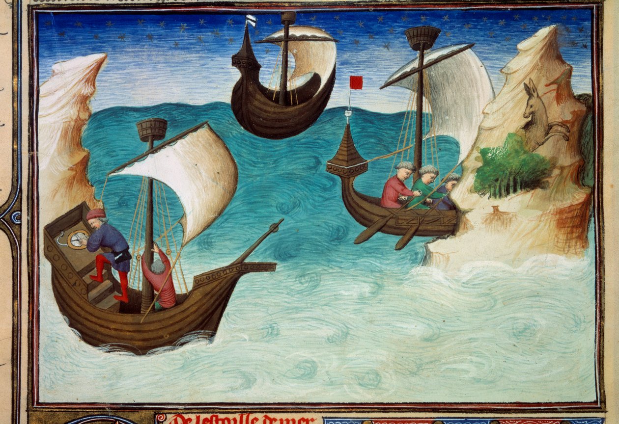 Navigátoři v Indickém oceánu orientovaní s hvězdami a astrolábem. Miniatura v „Knize divů světa“, paní 2810, folio 188v osvícené mistrem z Egertonu, napsané Johnem (Jehanem) de Mandeville (1300? 1382). Kolem 1410-1412. BN, Paříž od Master of Egerton