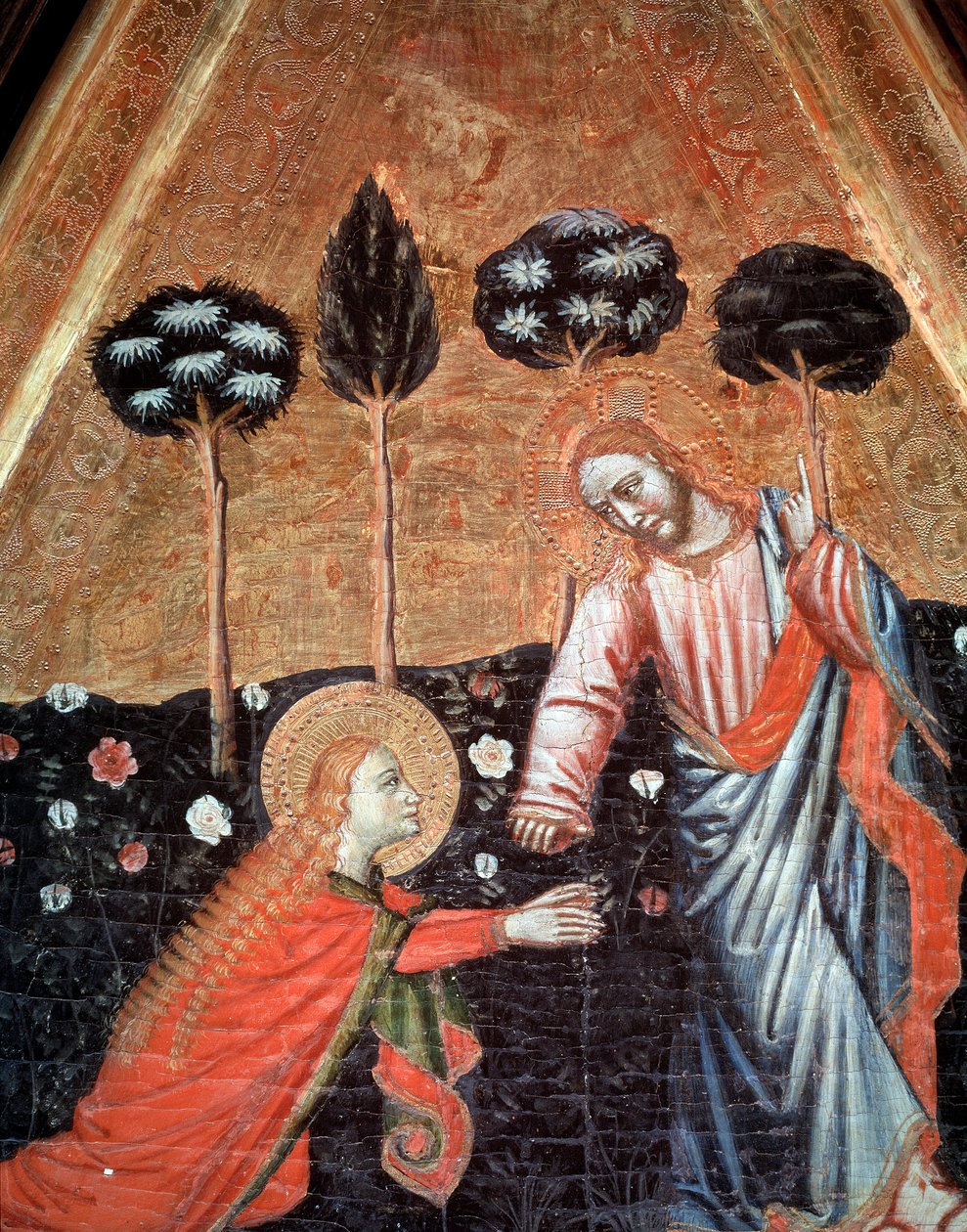 Noli me tangere (Ne me pas touche) Detail triptychu svatého Vincenta de Estopinan del castillo (Triptych svatého Vincenta z Estopinanu del castillo) Malba du maitre de Estopanya (Obraz mistra Estopinanu) 1350-1370 Barcelona, ​​​​Museu Nacional d 