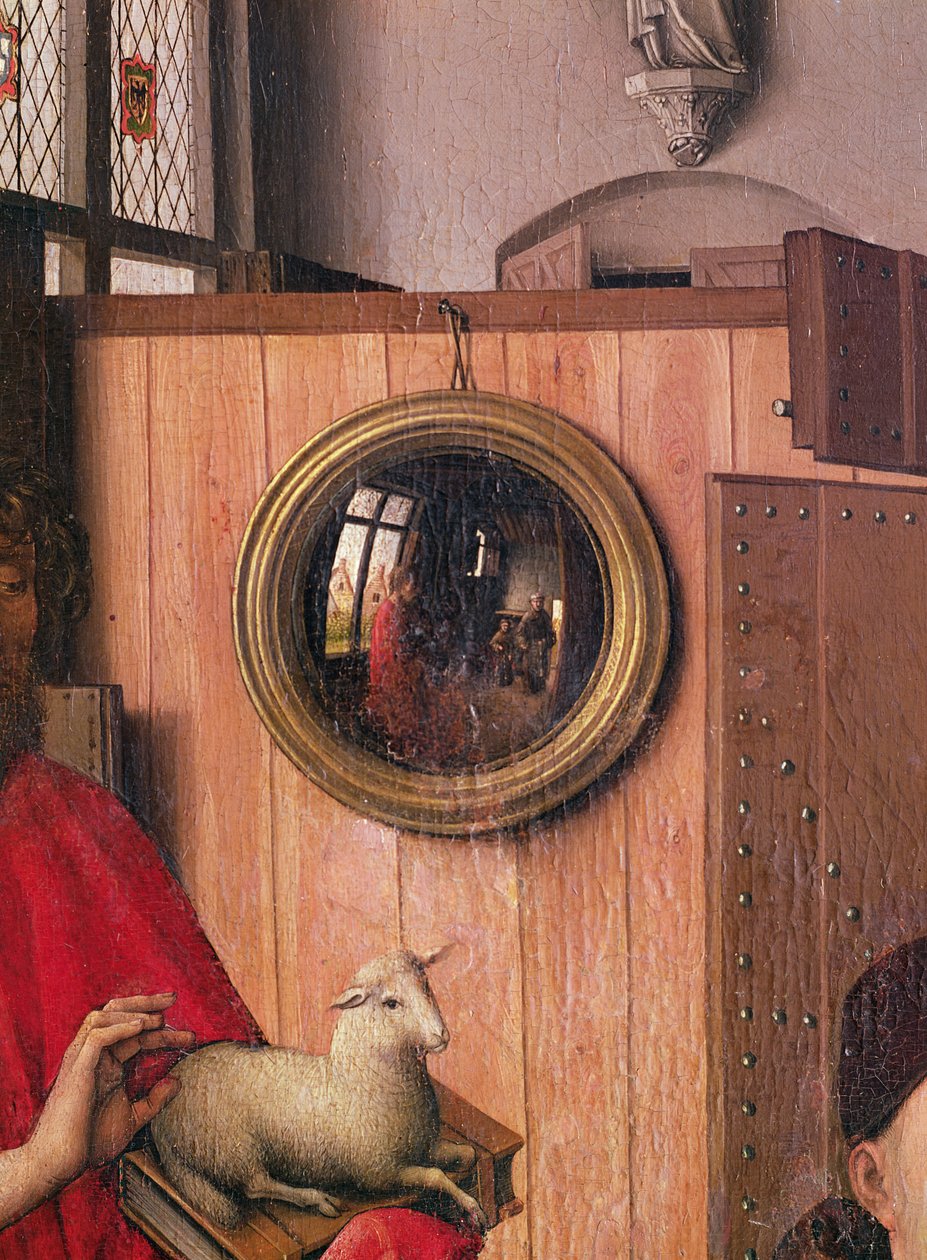 Sv. Jan Křtitel a donátor, Heinrich von Werl, z oltářního obrazu Werl, detail zrcadla, kolem 1438 (viz též 36923) od Master of Flémalle